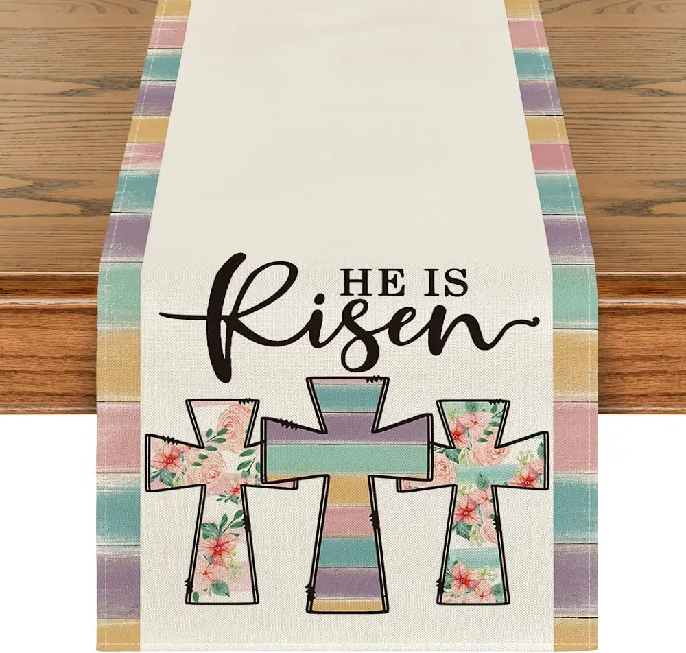 Cross He is Risen Easter Table Runner Farmhouse Spring crucifix Check Plaid Dining Table Decoration For Indoor Outdoor