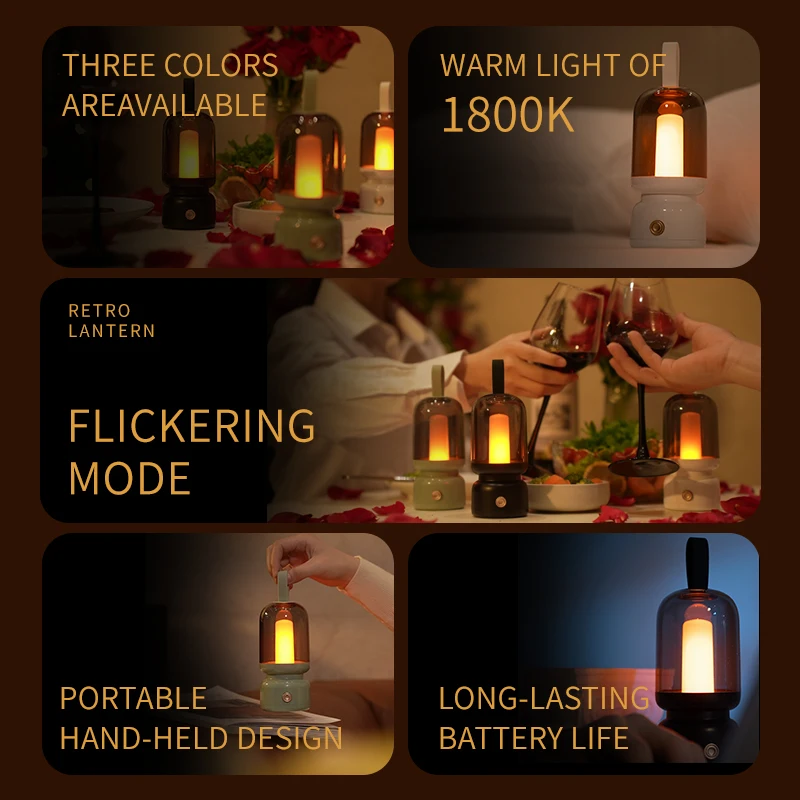 Retro Portable Lamp, Candlelight Imitation Atmosphere Decoration, USB Charging, Long-Lasting Night Light, Ritual Gift, Camping
