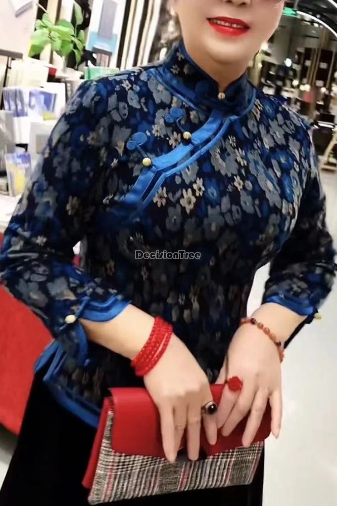 

2025 new autumn chinese style improved cheongsam blouse fashion retro half sleeve stand collar flower printed qipao top women