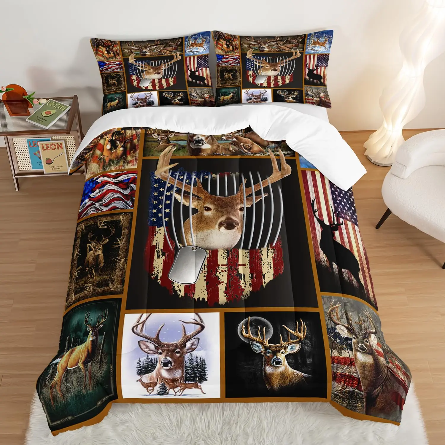 Wild Deer Comforter Sets For Kids Teens,American Flag Camo Bedding Sets Full Size Comforter Sets With 1 Comforter 2 Pillowcase