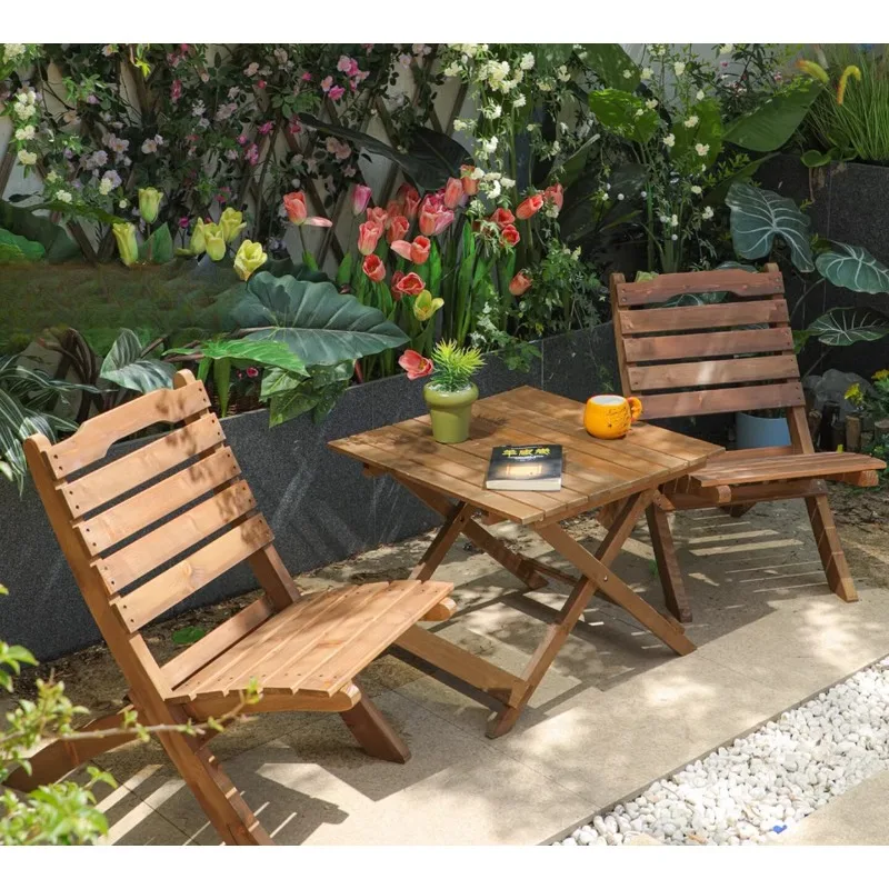 Retro solid wood folding low table and chair anti-corrosion combination outdoor courtyard open-air outdoor leisure coffee shop c