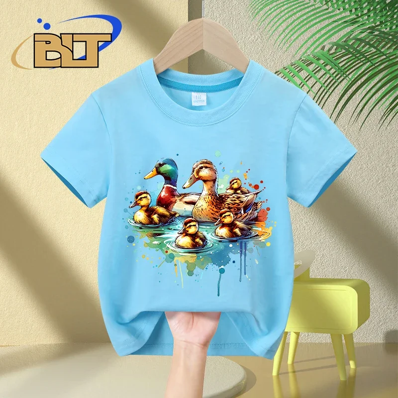 Camiseta infantil de algodão de manga curta, pato aquarela, estampa familiar, tops casuais para meninos e meninas, verão