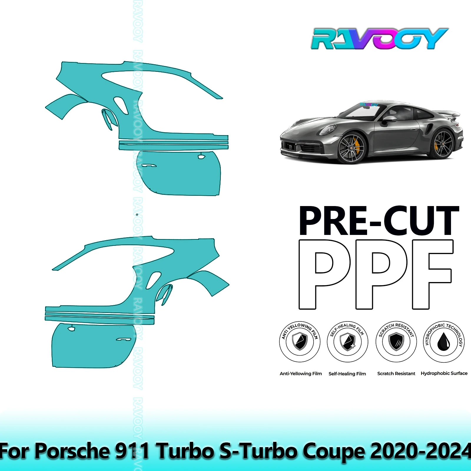 

For Porsche 911 Turbo S-Turbo Coupe 2020-2024 8.5mil Clear Matte Pre-Cut PPF Door & A/B Pillar Kit TPU Paint Protection Film Set