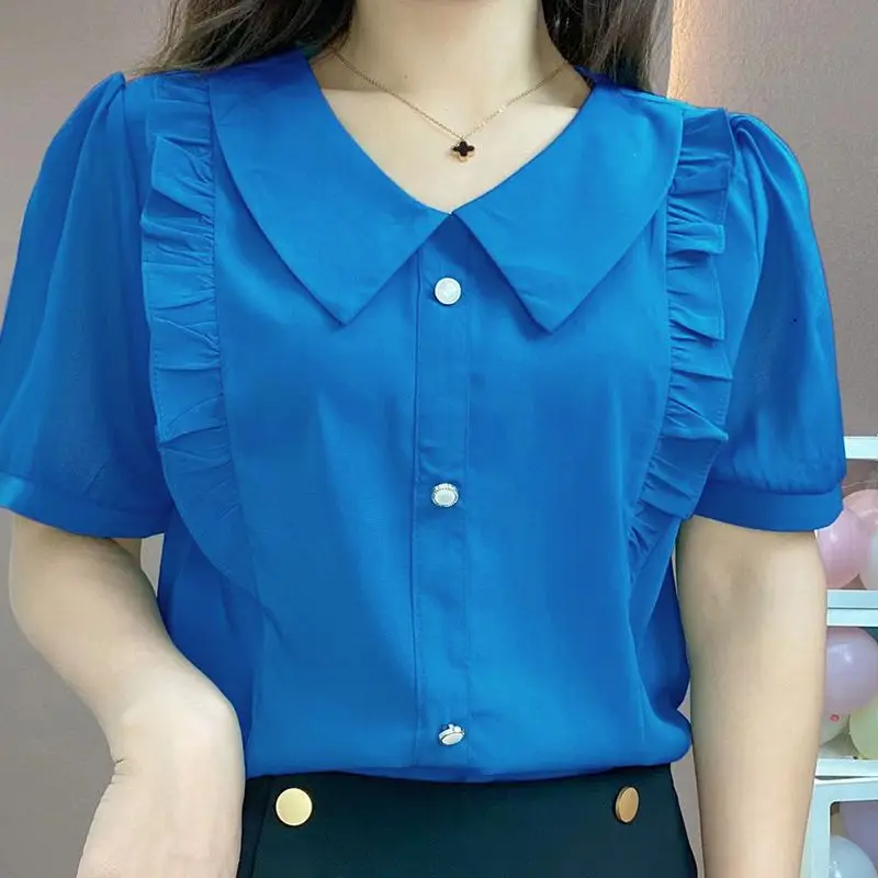 Sweet Peter Pan Collar Loose Folds Ruffles Blouse Women\'s Clothing 2023 Summer New Casual Pullovers Office Lady Chiffon Shirt