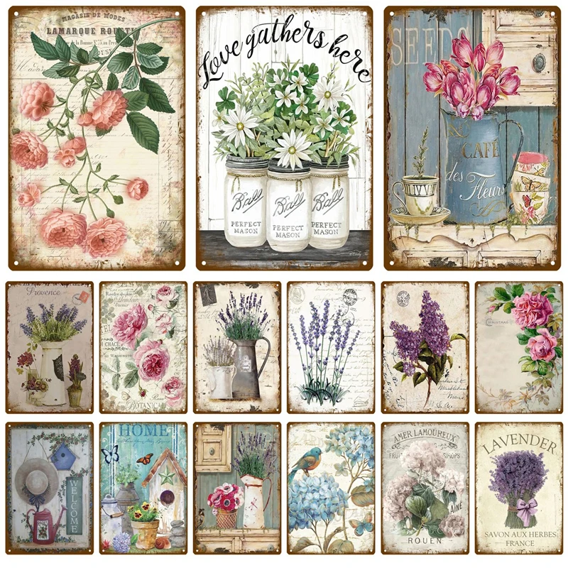 Lavender Metal Sign Plaque Vintage Flowers Tin Sign Wall Decoration For Room Art Garden Kitchen Home Living Room Iron Painting