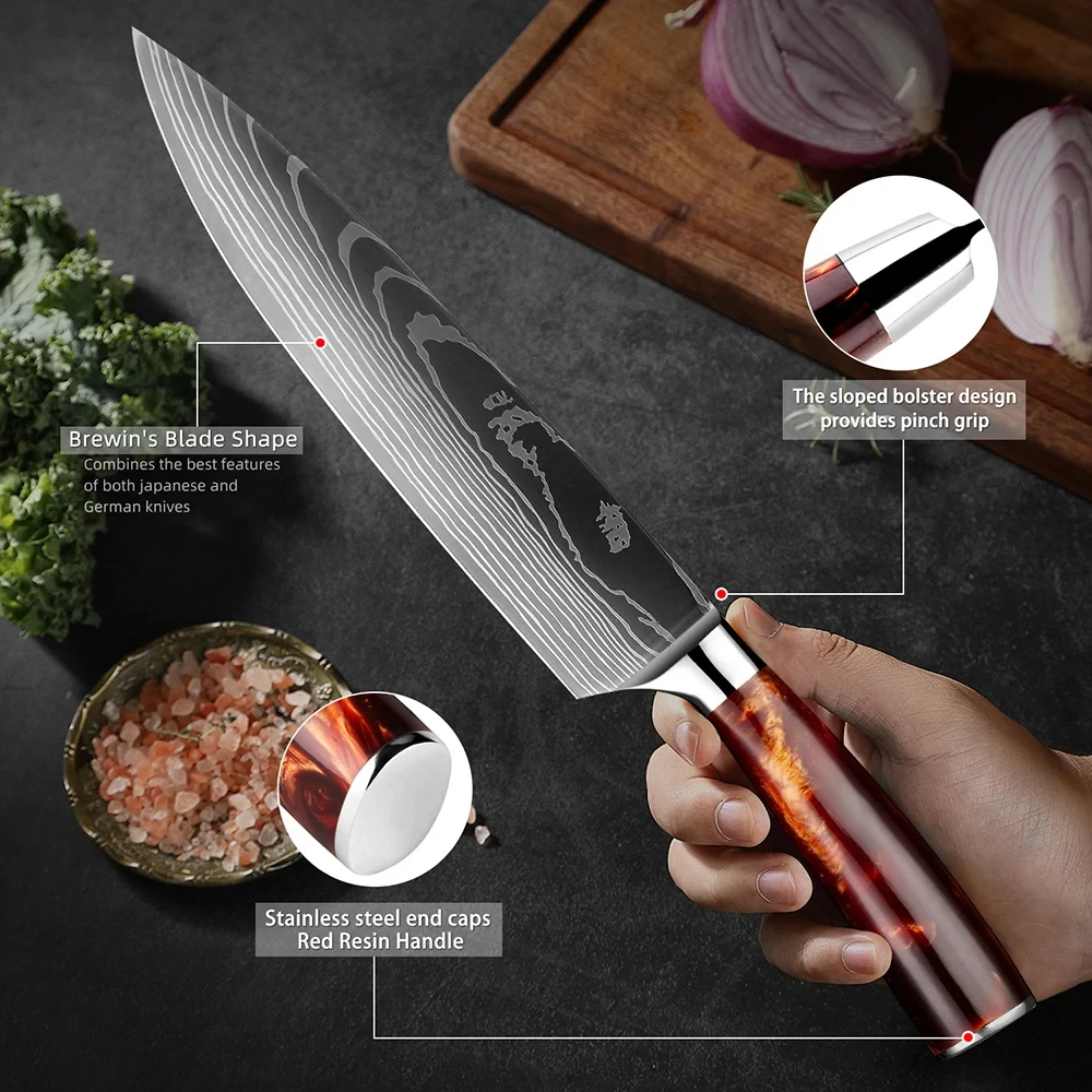 1-10PCS Stainless Steel Kitchen Knife Set Razor Sharp Chef's Knife Japanese Santoku Knife Laser Damascus Pattern Resin Handle