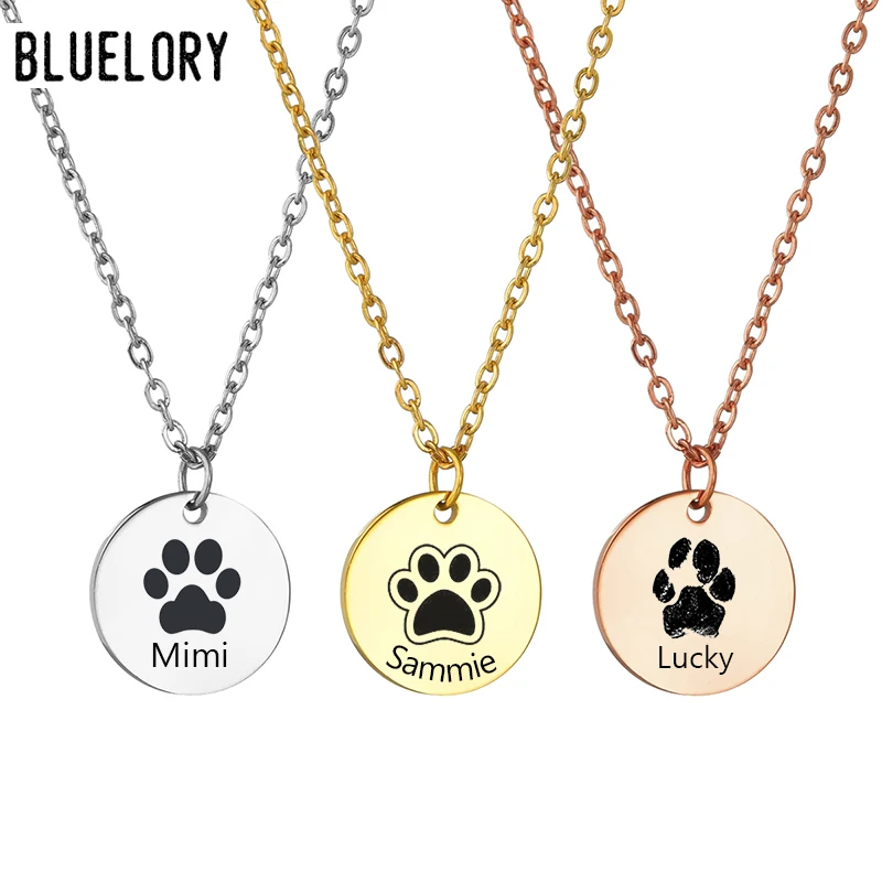 

Bluelory Custom Engrave Dog Cat Paw Print Name Necklace Stainless Steel Personalized Animal Pet's Names Date Jewelry Gift