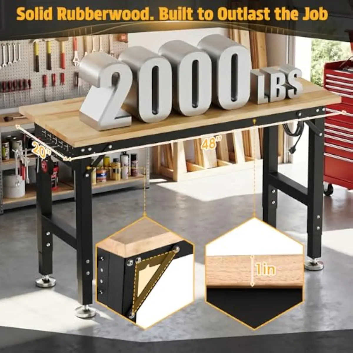 48 x 20 inch heavy-duty rubberwood workbench with 2000 lb load rating • height adjustable from 31.5 to 39.5 inches • integrated