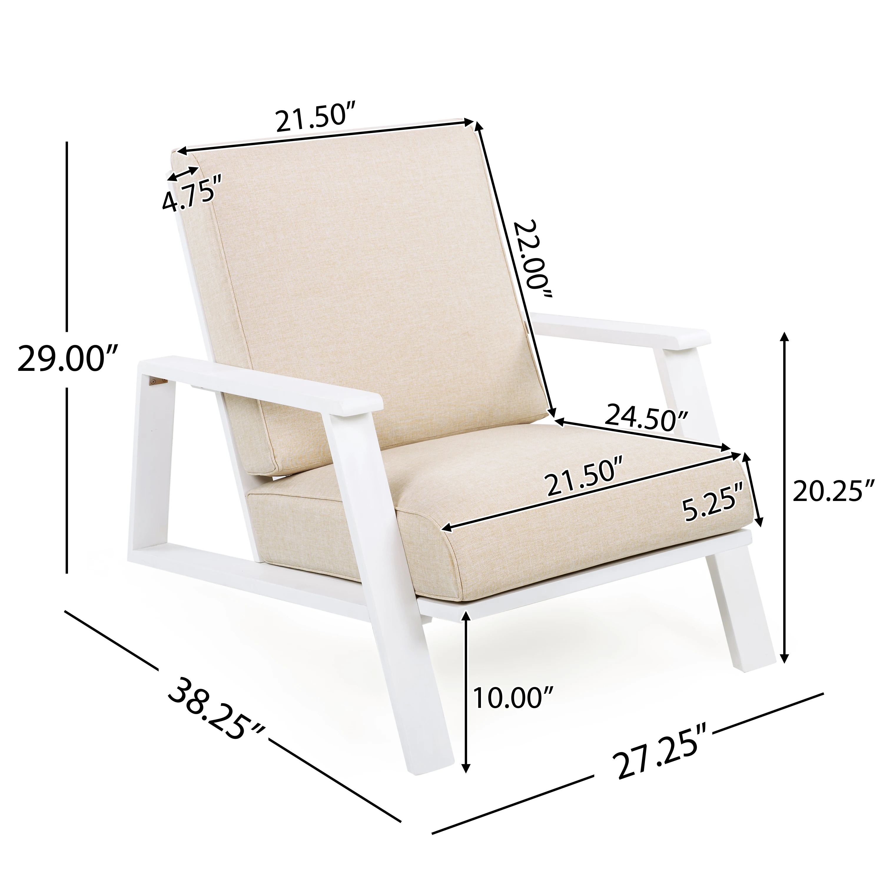 Modern Comfortable Patio Lounge Chair Outdoor Club Chair with Beige Cushion and White Acacia Wood Frame
