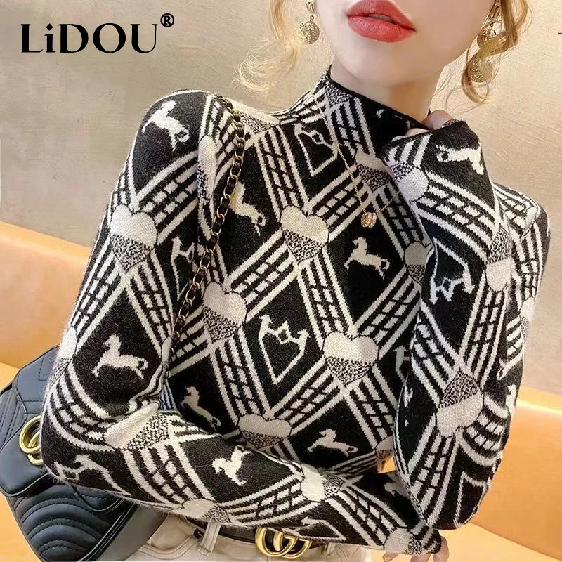 Autumn Winter Y2K Print Fashion Elegant Lady Pullover Thick Slim Stylish All Match Long Sleeve T-shirt Chic Warm Women Clthoes