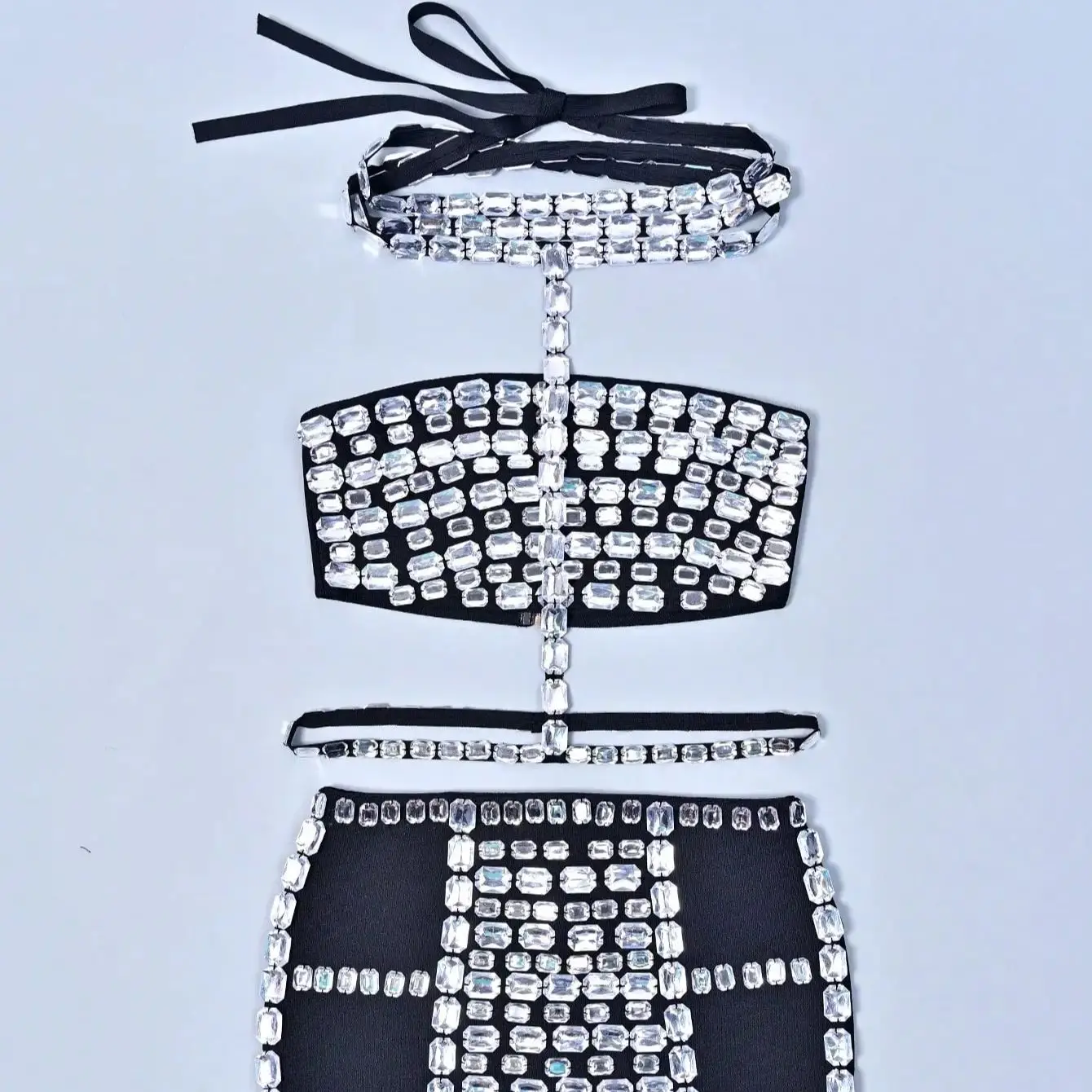 

HOBORY 2025 mini skirt suits Women Sleeveless bandage strap tops sexy Diamonds belt black Party High Quality skirt vestidos