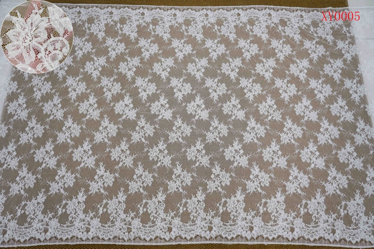 Retro Wedding Dress Lace Fabric Beaded Lace With Corded Delicate Eyelash Floral Embroidered Cord Lace for Wedding Dress