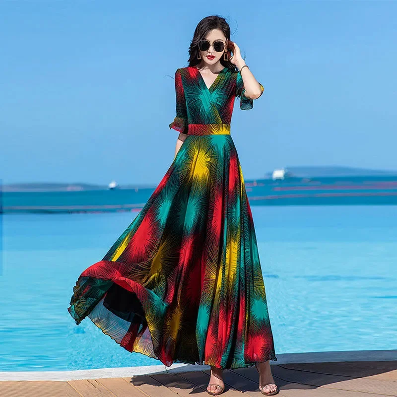 Floral Dress 4XL Women\'s 2025 Summer Chiffon V-Neck Dress High end Style Celebrity Splice A-line Skirt for Women Elegant Mujer