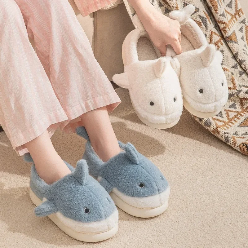 Cute Little Shark Cotton Slippers Women\'s Autumn and Winter Cotton Slippers Men Home Thick-Soled Couple Indoor