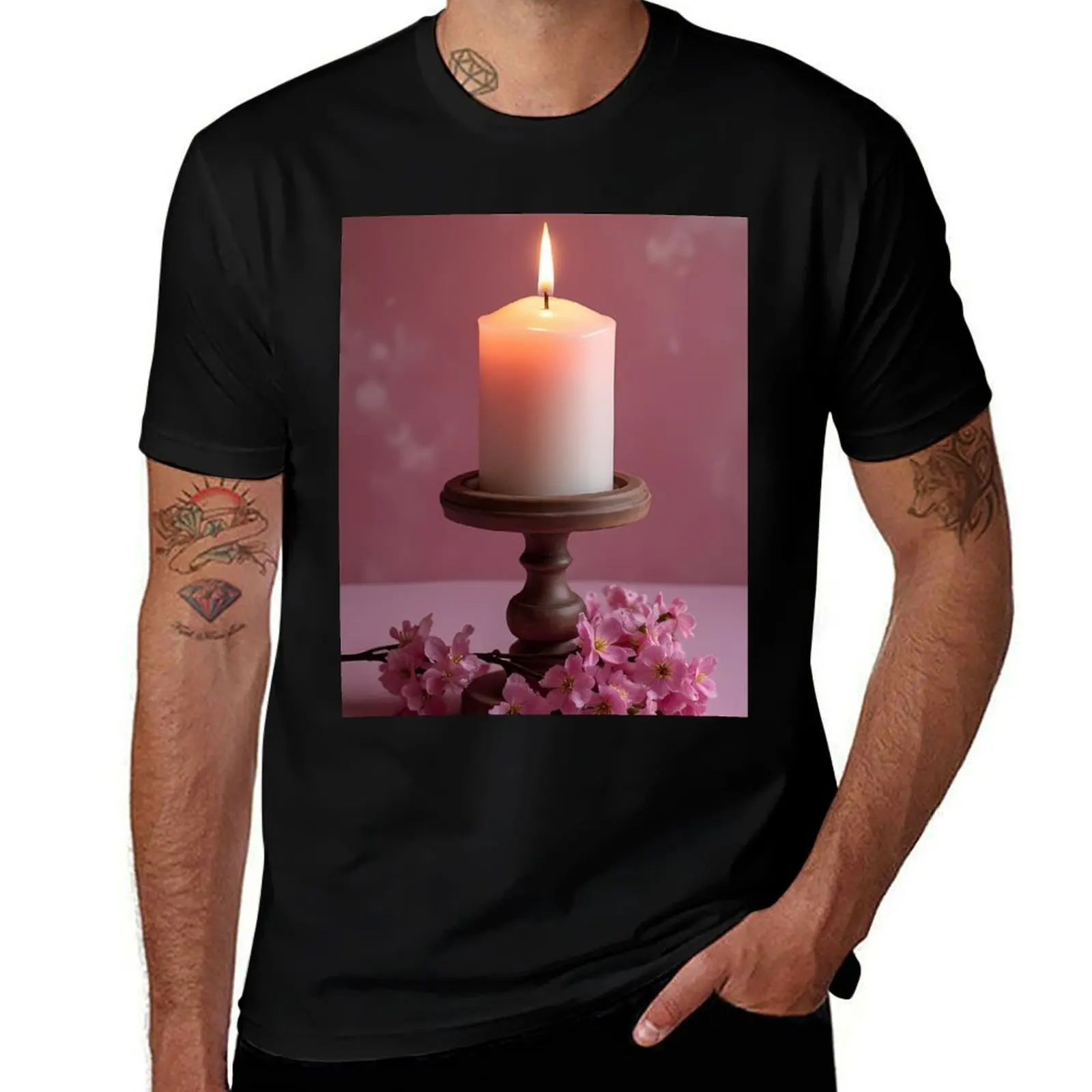 

Burning candle with cherry blossom branch on rustic wood T-Shirt blue lock kawaii clothes plus sizes plain white t shirts men