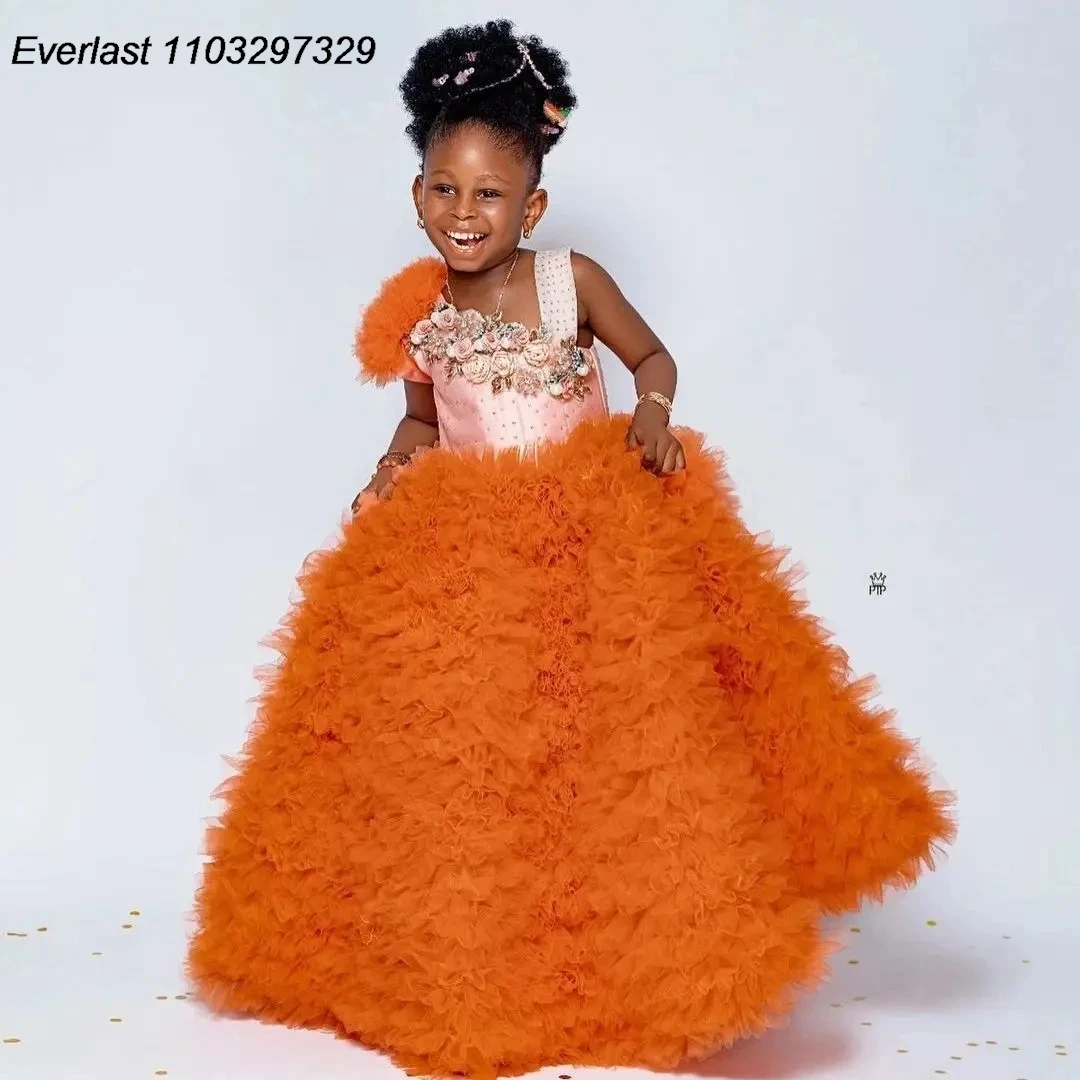 

EVLAST Cute Orange Girls Birthday Party Dress 3D Floral Princess Flower Girl Dress Baby Kids Ball Gowns for PhotoShoot TFD160