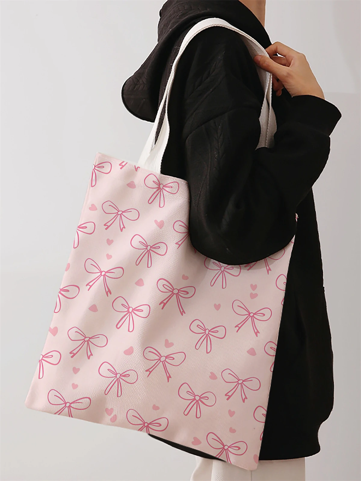 Bow Pattern Printed Casual Handbag, Reusable Fashionable Backpack, Multifunctional Handbag, Canvas Shopping Bag