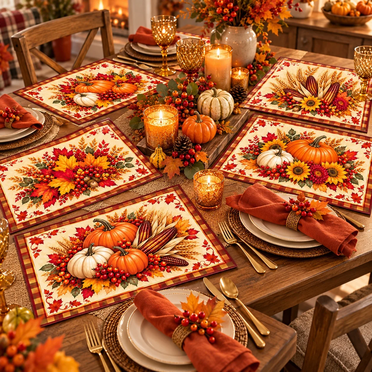 6Pcs Fall Pumpkin Placemats Set Autumn Harvest Corn Sunflower Maple Leaves Thanksgiving Farmhouse Dining Decor