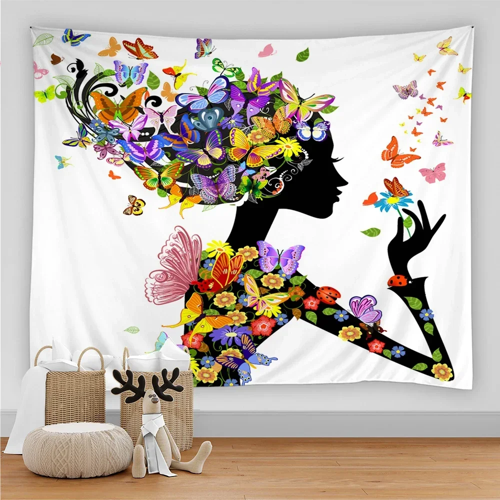 Tapestry Cartoon Girl Wall Hanging Butterfly Flower Fashion Art Theme Woman Tapestry Home Room Bedroom Aestheticism Decorations