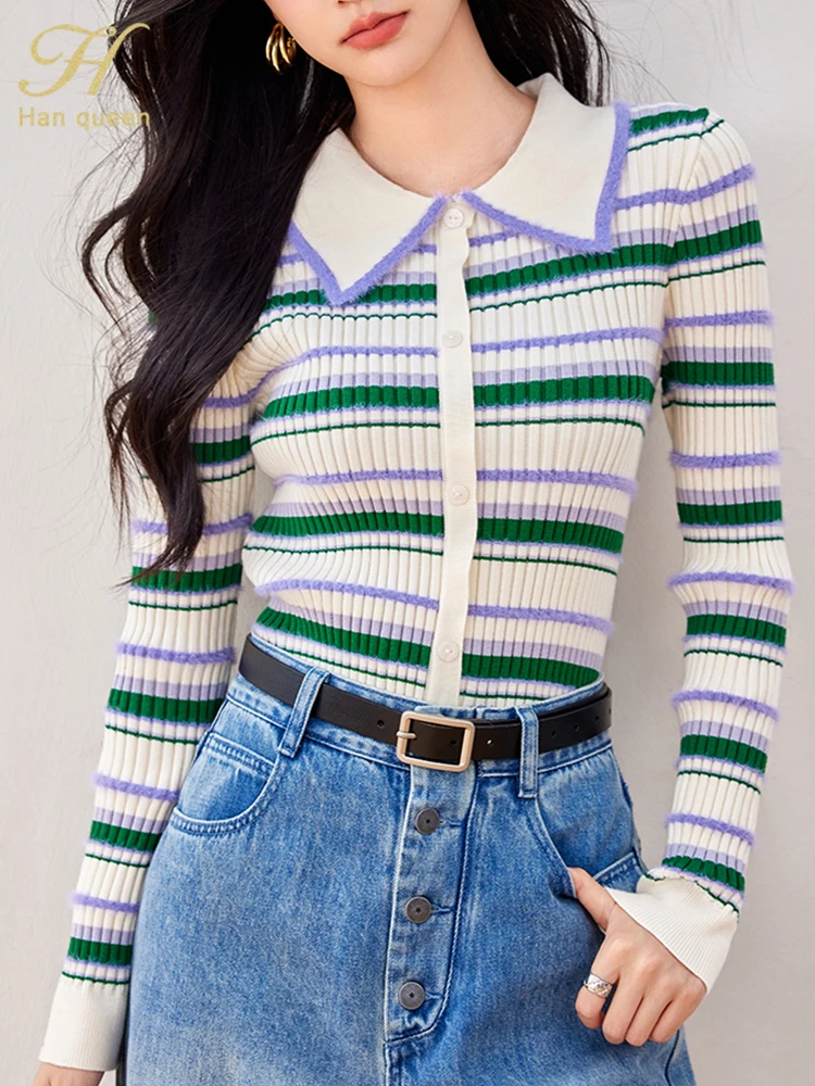 H Han Queen Autumn Winner Tops Colorblocked Stripe Korean Style Women\'s Clothing Vintage Casual Stretch Knitted Sweaters Women