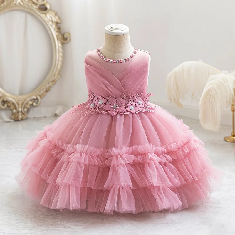 

2024 New Christmas Banquet Performance Girl's Evening Dress Embroidered Flower Birthday Party Children's Dress Baby Clothes