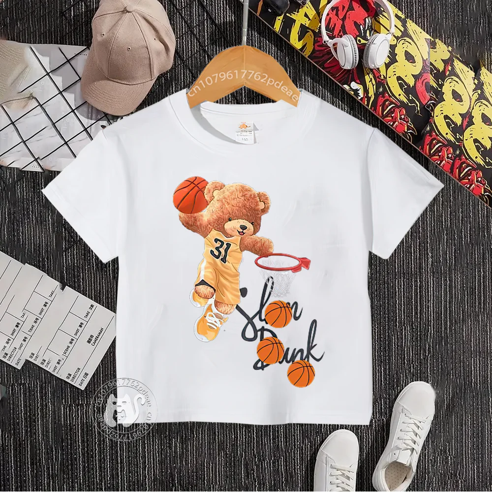 Summer 100% cotton T-shirt for boys and girls Baby Street Dunk Baby Bear pattern teen comfortable casual top Cotton T-shirt top