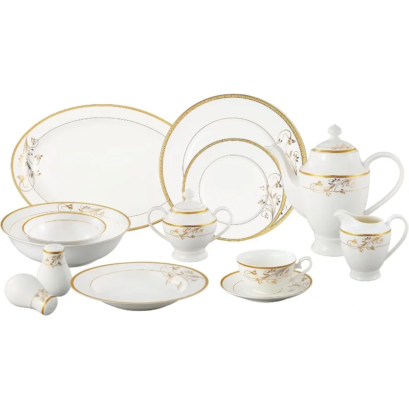 La Luna Bone China 57-Piece 24K Gold Floral Design Dinnerware Set, Service for 8