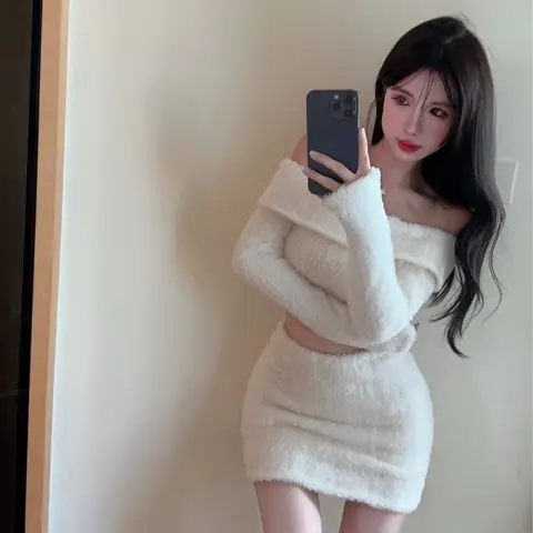 Kliou Furry Warm 2 Piece Set Woman Autumn New Style Slash Neck Full Sleeve Crop Tops+Mini Skirts Street Fashion Elegant Outfits