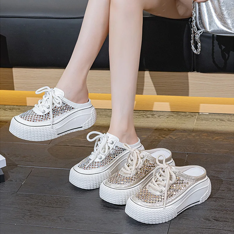 

Genuine Leather Rhinestone Summer Shoes Women Platform Sandals Mules Fashion Ladies Sandals Casual Mesh 6cm Height Increasing