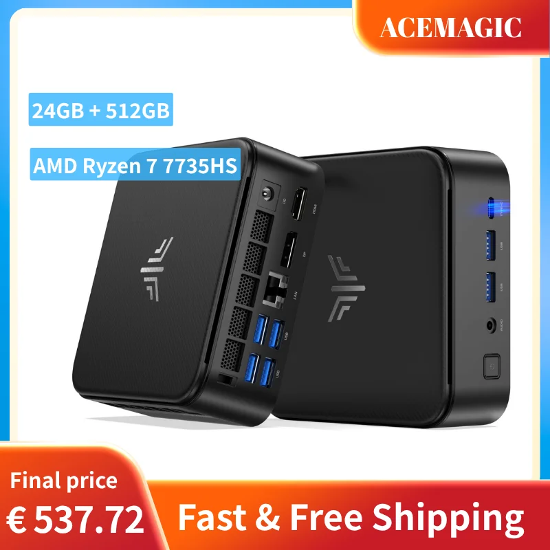 ACEMAGIC AMD Ryzen 7 7735HS Gaming Mini-PC 8C/16T 4,75GHz Radeon 680M 16GB LPDDR5 512GB NVMe SSD WiFi 6 Dreifach-4K-Display