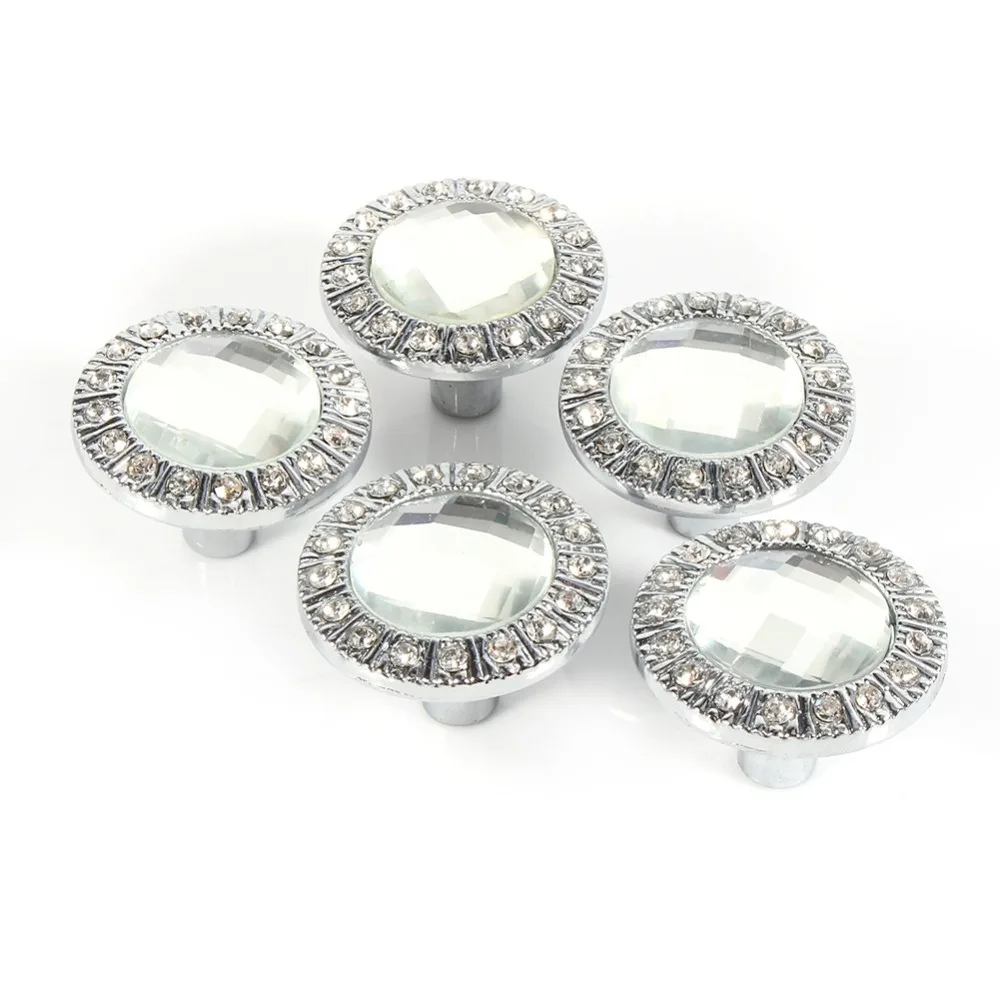 5PCS Round Crystal Cabinet Knobs Silver Clear Glass Door Handles Decorative Hardware Shiny Inlay Rhinestone Drawer Pulls