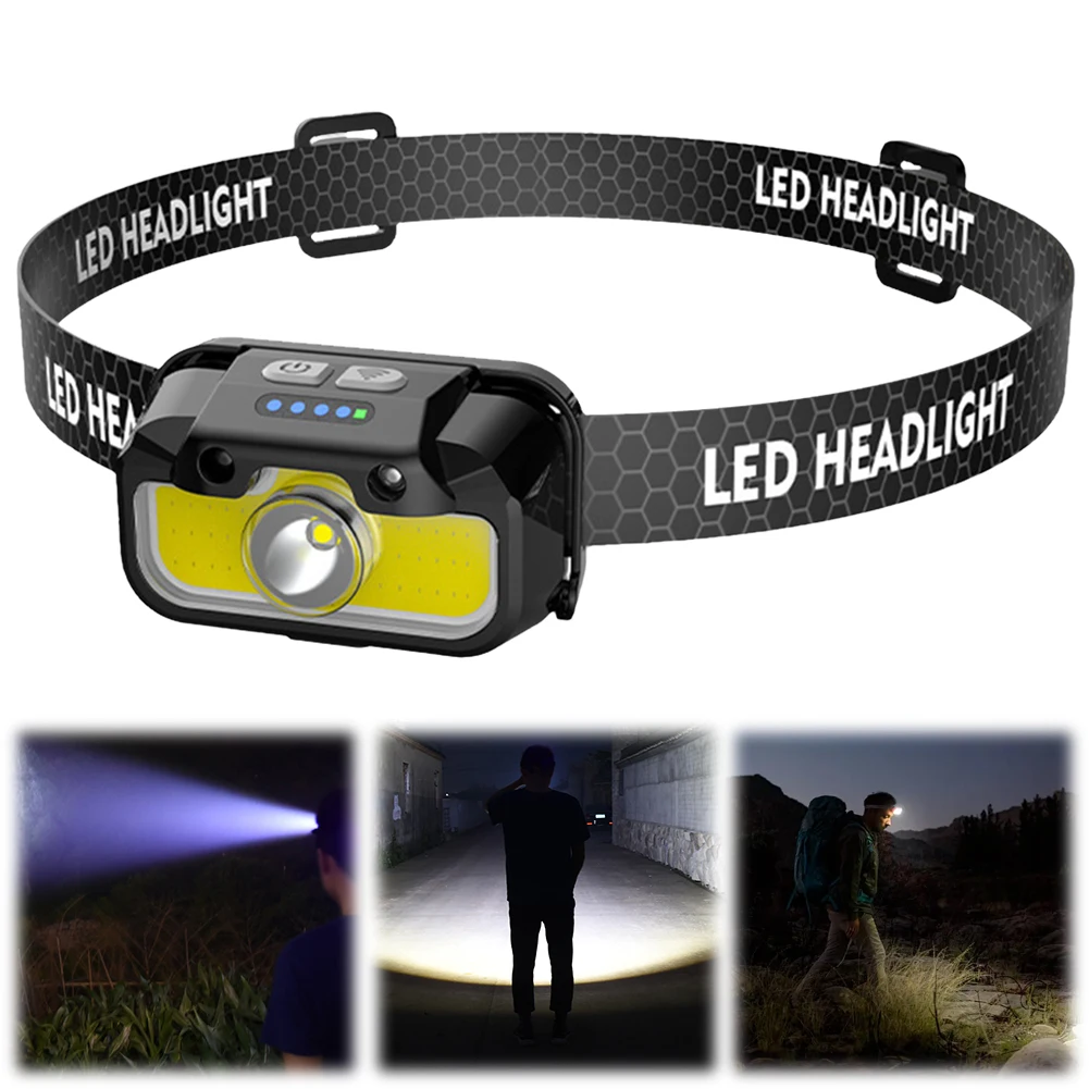 LED Motion Sensor Headlight with White Red Green Bright Head Lamp Adjustable Powerful Headlamp Torch for Running Jogging Fishing