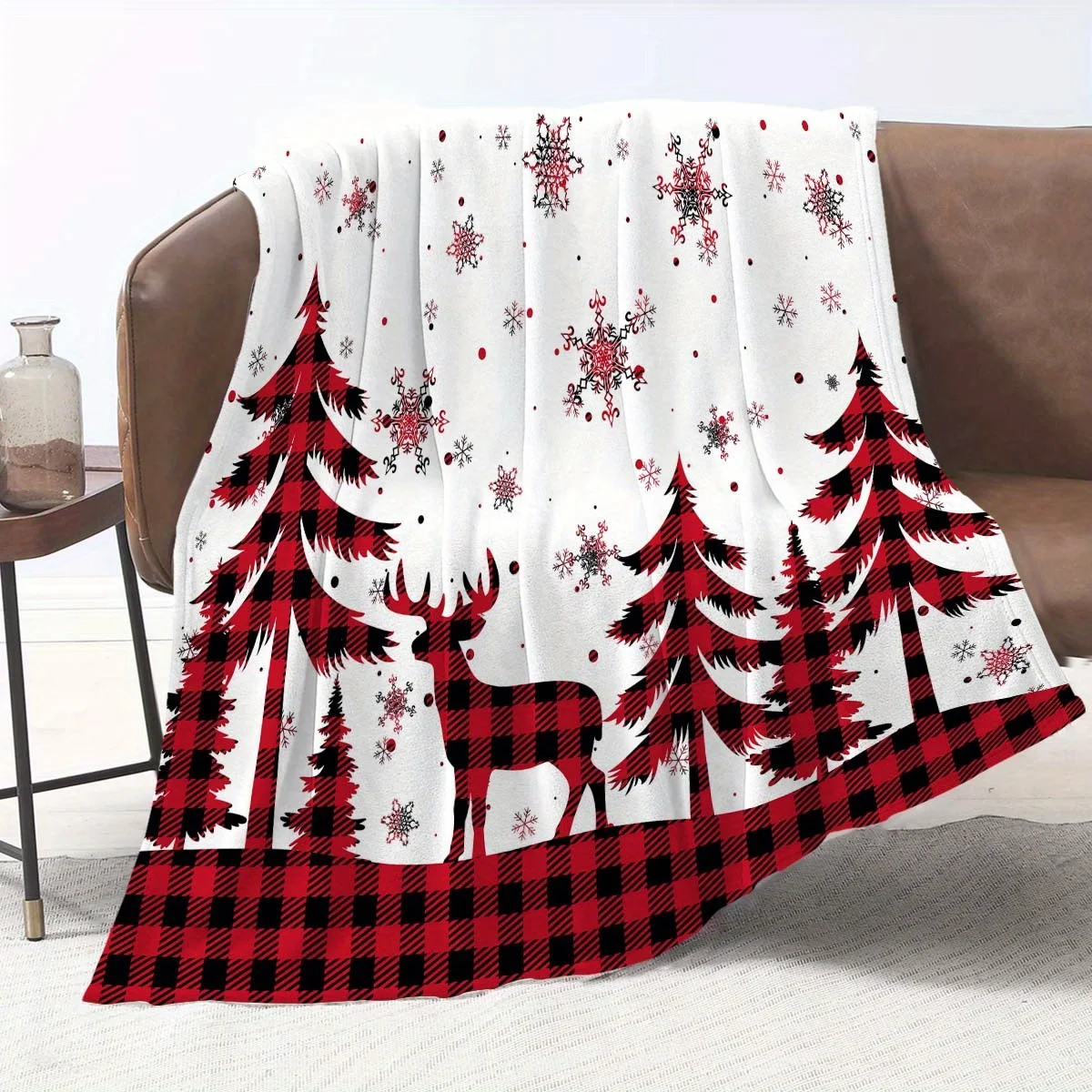 Cozy Red Plaid Reindeer Flannel Throw Blanket - Perfect for Christmas, Thanksgiving, Durable & Machine Washable