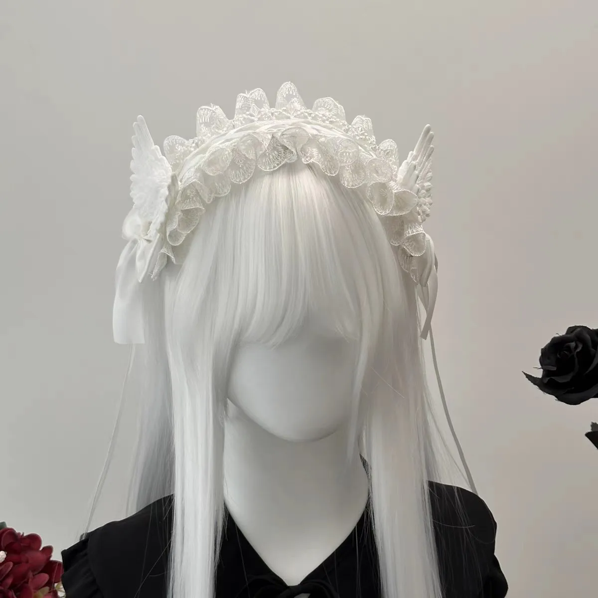 Gothic Angel Wings Maid Bonnet hairband Lolita Girl Cosplay Costume Accessories Retro Adjustable Ruffles Solid headwear  Women image 3