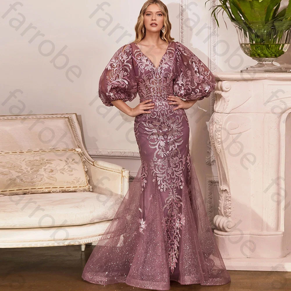 

Customized Lilac Puff Sleeves Evening Dresses V Neck Lace Applique Prom Dress Shiny Mermaid Long Formal Party Gowns Custom Made