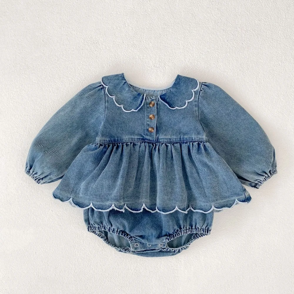 

INS Autumn Baby Girl Romper 0-2Years Newborn Princess Long Sleeve Peter Pan Collar Denim Skirted Bodysuit Playsuit Clothes