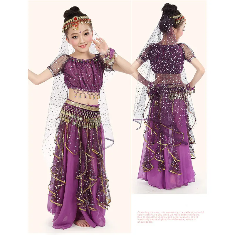 Girls Indian Bollywood Belly Dance Chiffon Top Harem Skirt Outfit Halloween Stage Performance Dress Up Costume Competition Set