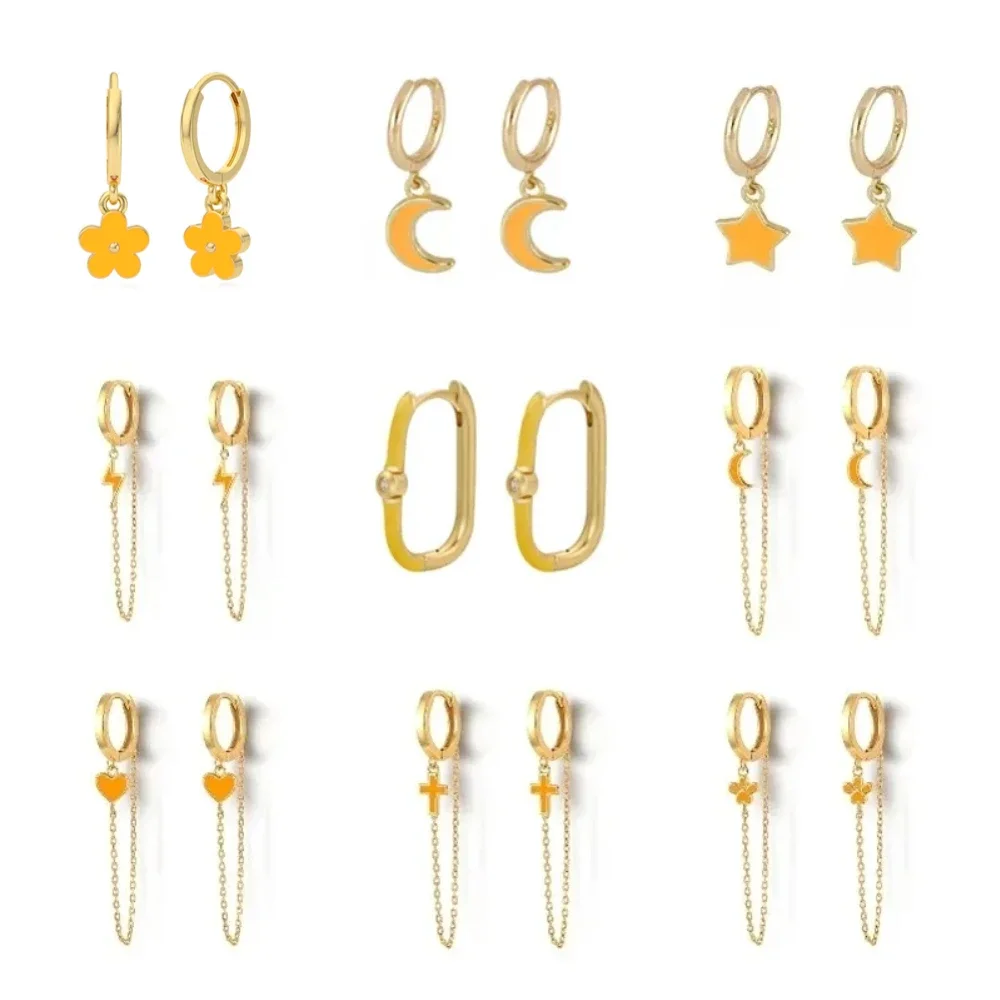 Pendientes de aro con forma de cruz sonriente para mujer, joyería de estilo afrutado, Piercing de cadena, corazón redondo, esmalte naranja, accesorios