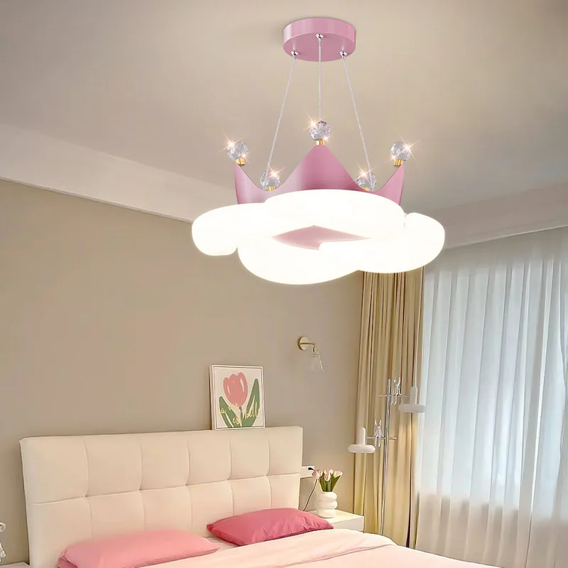 Modern Children\'s Room Chandeliers Pink Princess Room Decor Lamp Warm Romantic Girl Boy Bedroom Chandelier Crystal Crown Lamp