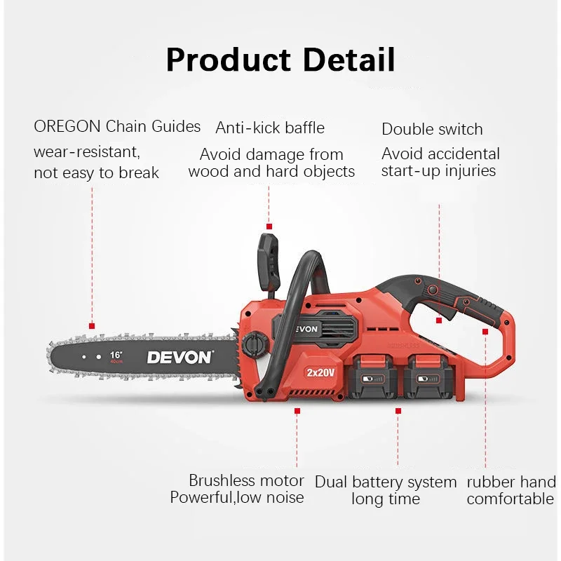 Devon Cordless Chain Saw Brushless 4556 20v 12m/s Auto Filling Oil 150ml 2 Battery Start for Woodworking Universal Flex Battery