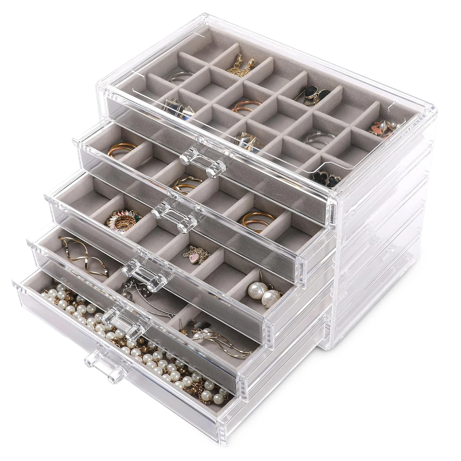 

Acrylic Jewelry Storage Box with 4 Drawers 72 Flannel Compartments Ring Earring Dustproof Storage Box Large Capacity Display Box