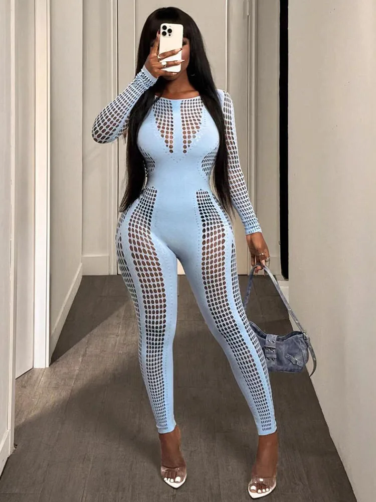 

Weird Puss hollow jumpsuit women stretch skinny full sleeve solid fall hipster sexy midnight coquette activity workout overalls