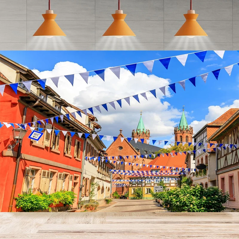 Oktoberfest Photography Backdrop Germany Bavaria Town Street With Bavarian Flags Beer Festival Rothenburg Background Party Decor