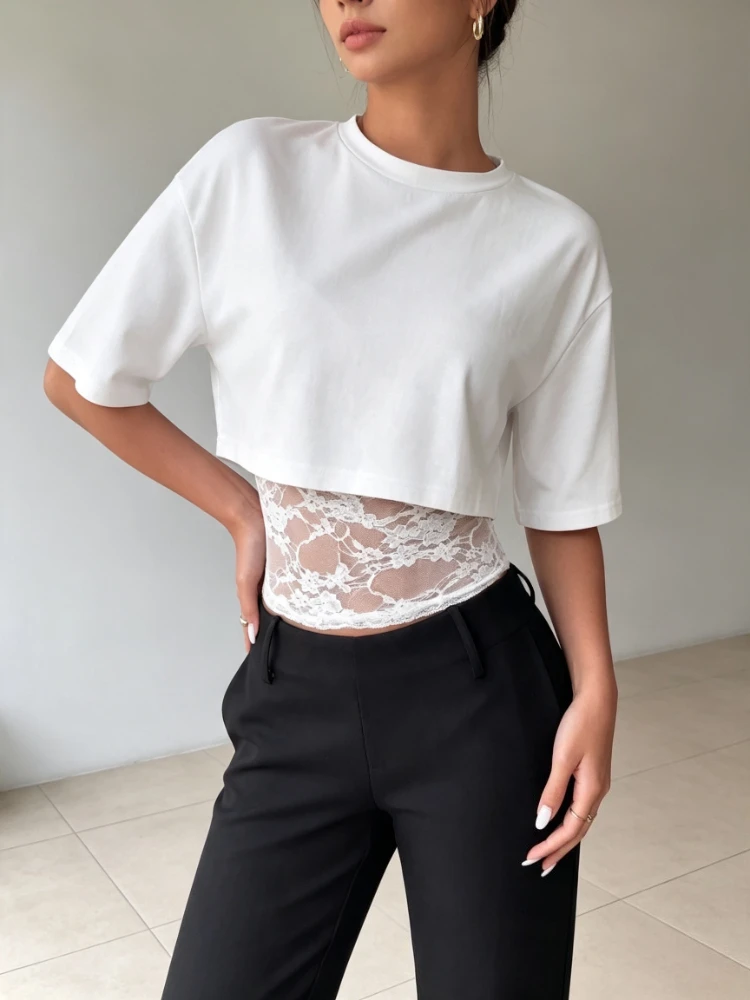 2026 New Women Summer Fake Two Piece Lace Splice Short Sleeve Top Slim Hollow Sexy Versatile Casual Daily Basic Female Blouse
