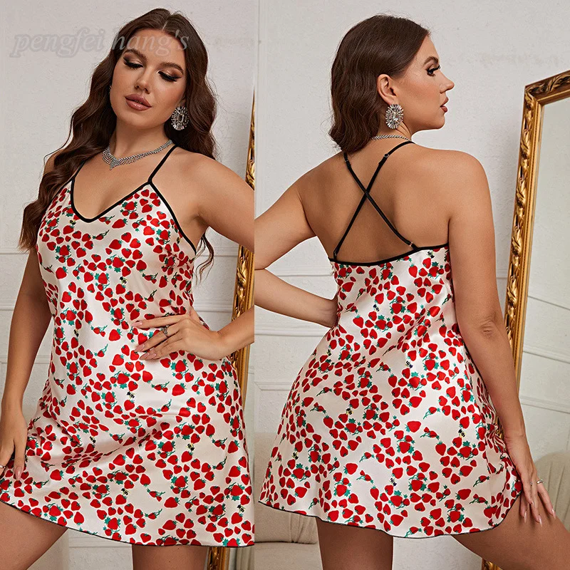 Sexy Print Strawberry Nightgown Women Plus Size 3Xl 4Xl 5Xl Sleepwear Satin Mini Leisure Homedress Summer New Lingerie