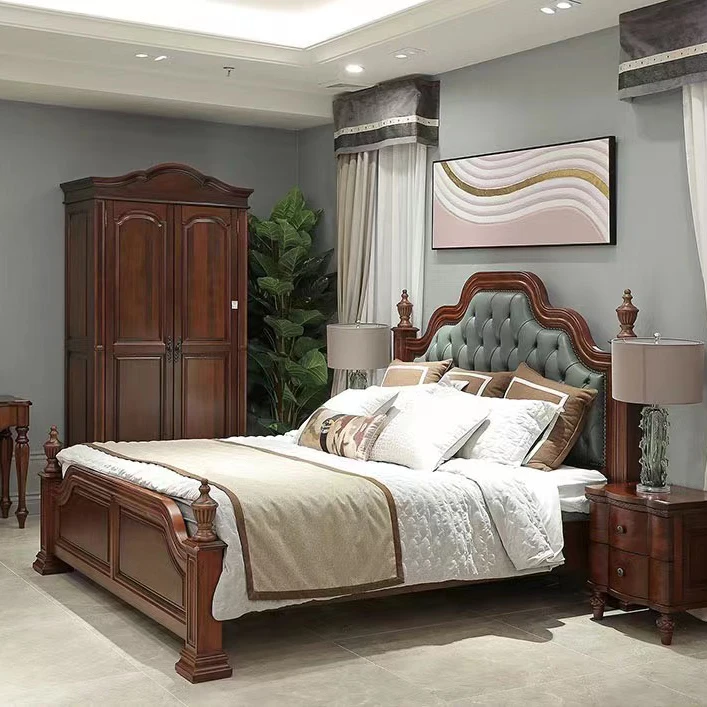 American light luxury solid wood bed modern minimalist style American vintage villa queen size bed