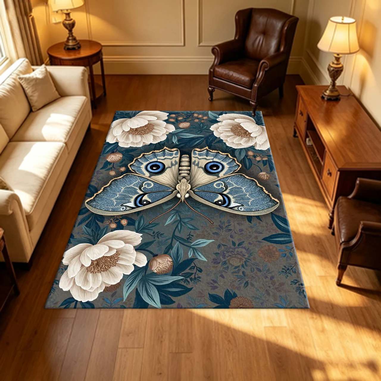 Vintage Moth White Peony Floral Carpet Flooring Bohemian Botanical Insect Art Household Indoor Decor Area Rug