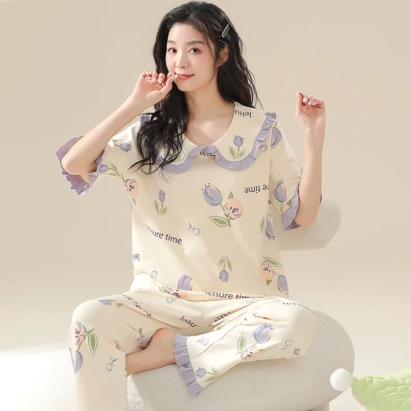 

Purple Flower Pajamas Sets Sweet Pijama Cute Sleepwear Short Sleeves Long Pants Kawaii Pjs Casual Summer Spring Autumn Soft Cozy