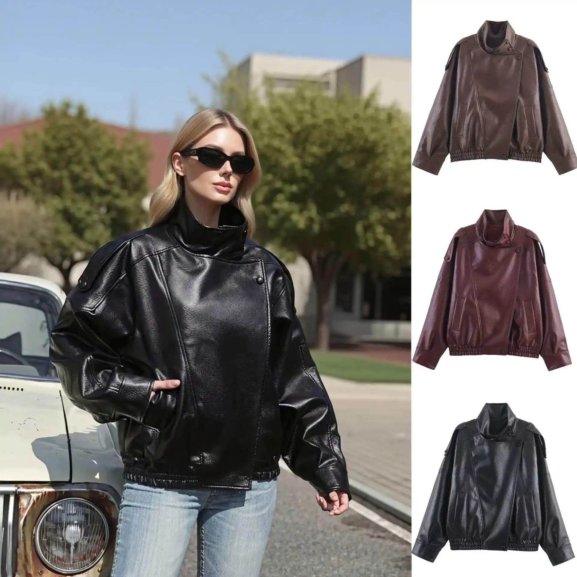 

KIDCRKJ Best Selling Women Spring Leather Coat Stand Collar Solid Color Cool Lady Motorcycle Jacket Highstreet Loose Female Coat