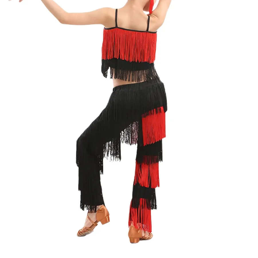 Womens Dancewear Elastic Waistband Tassel Latin Dance Pants Tango Cha-Cha Performance Costume Tiered Fringed suit